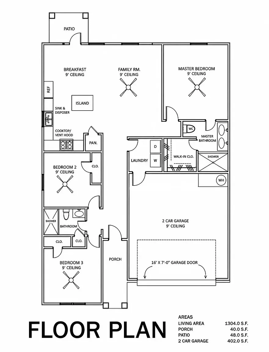 119 Loon Bay Dr, Gun Barrel City, TX — Floor plan — living area 1,304 sq ft, porch 40 sq ft, patio 48 sq ft, two-car garage 402 sq ft.